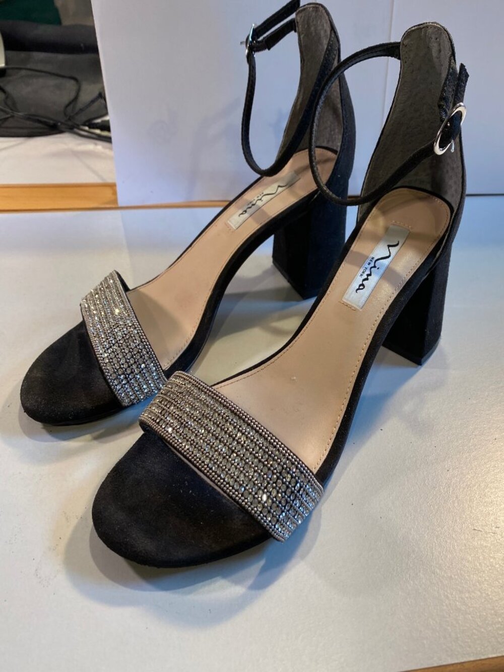 Nina - Size 8M - Women's Elenora Black Embellished Sandal Block Heel